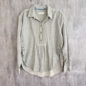ANTHROPOLOGIE Gauze Popover Tunic Shirt Small 100% Cotton Grey Stripes Beach
